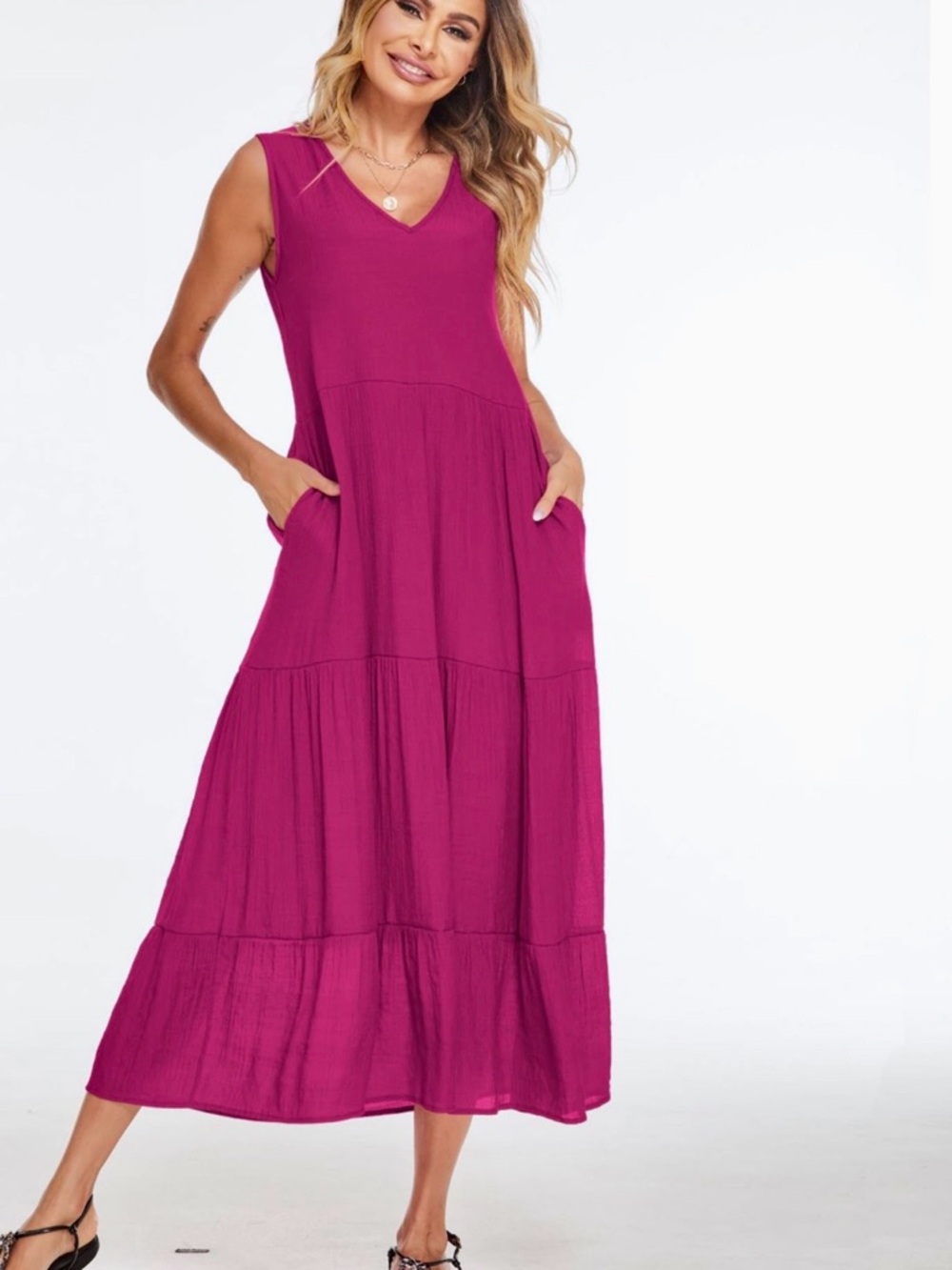 Halife Flowy Sleeveless Tiered Maxi Dress in Fuchsia Pink Boho
